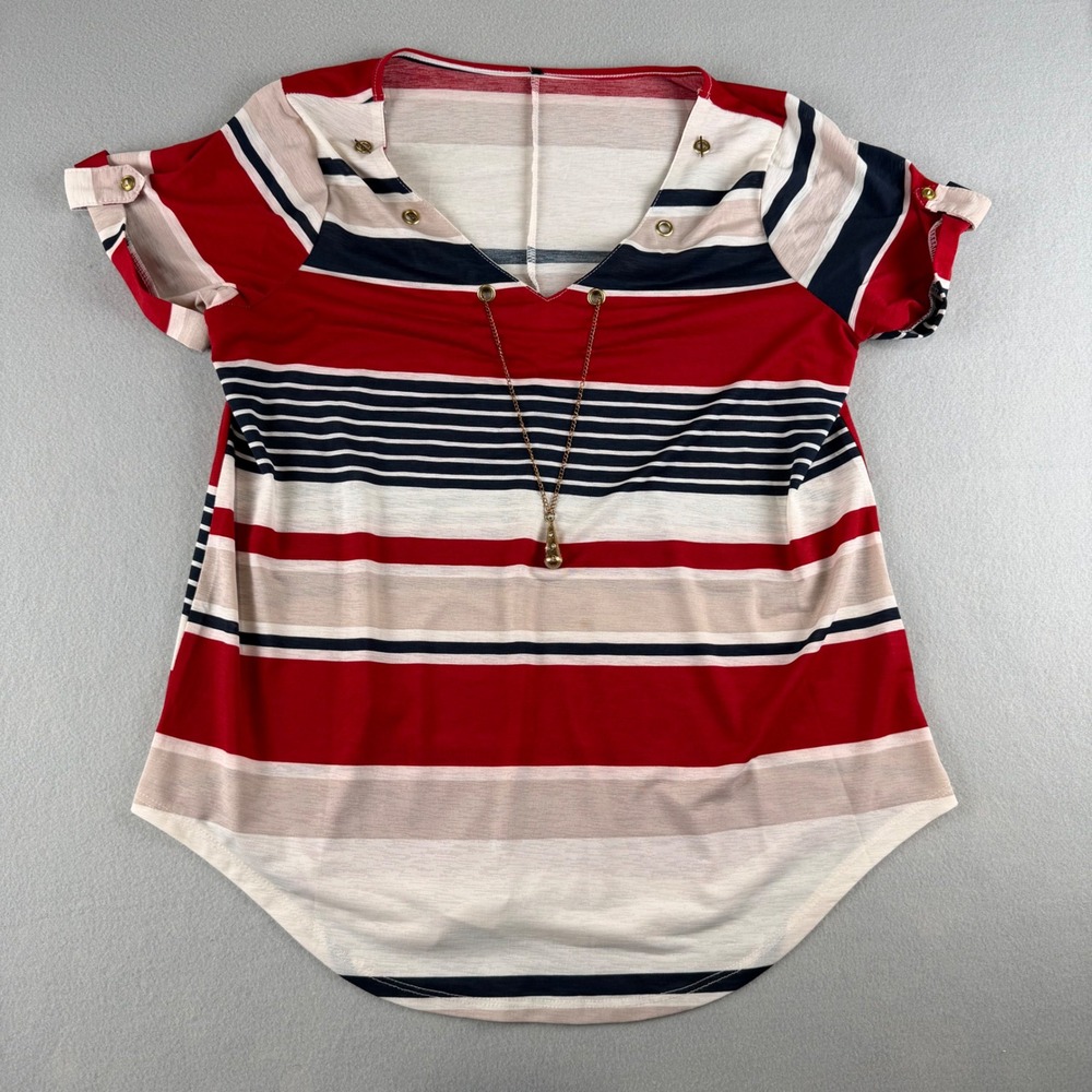 Nautical Striped V-Neck Top with Chain Detail Red Navy Blue XL